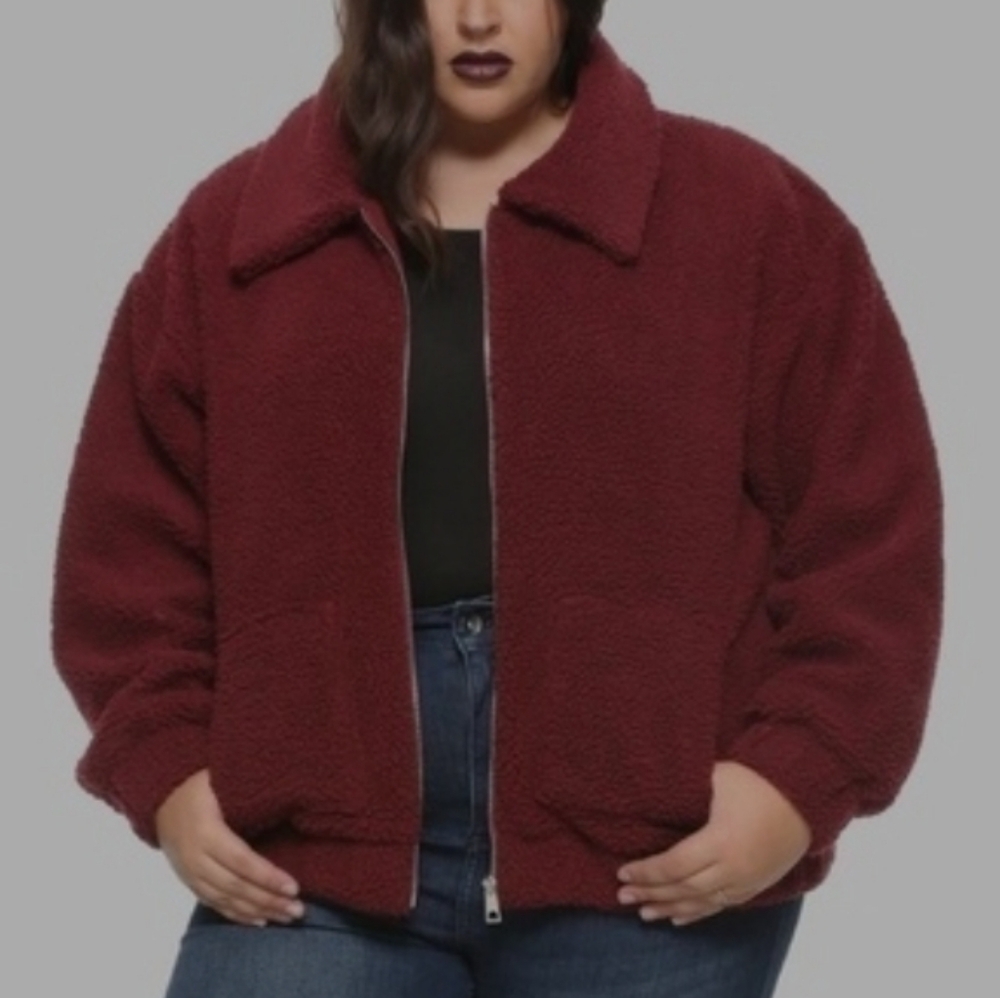 Hot Topic Goth Witchy Burgundy Maroon Collared Teddy Zip Up Jacket NWT 0X